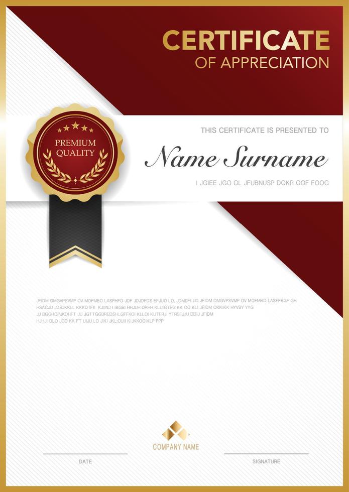 Plantilla de certificado de diploma de color rojo y dorado con imagen vectorial de lujo y estilo moderno, adecuada para la apreciación. ilustración vectorial. vector