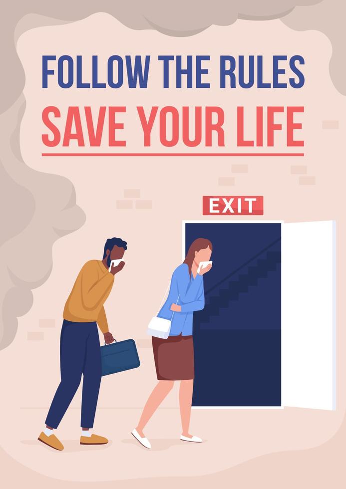 Emergency fire escape poster flat vector template. Office procedure. Brochure, booklet one page concept design with cartoon characters. Follow rules to save your life flyer, leaflet with copy space