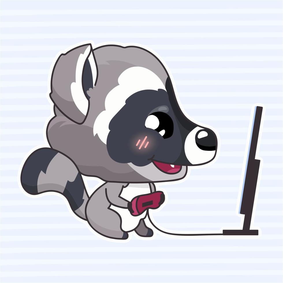 Cute raccoon kawaii cartoon character. Adorable and funny animal playing computer games with joystick isolated sticker, patch, kids book illustration. Anime baby wild raccoon emoji on blue background vector