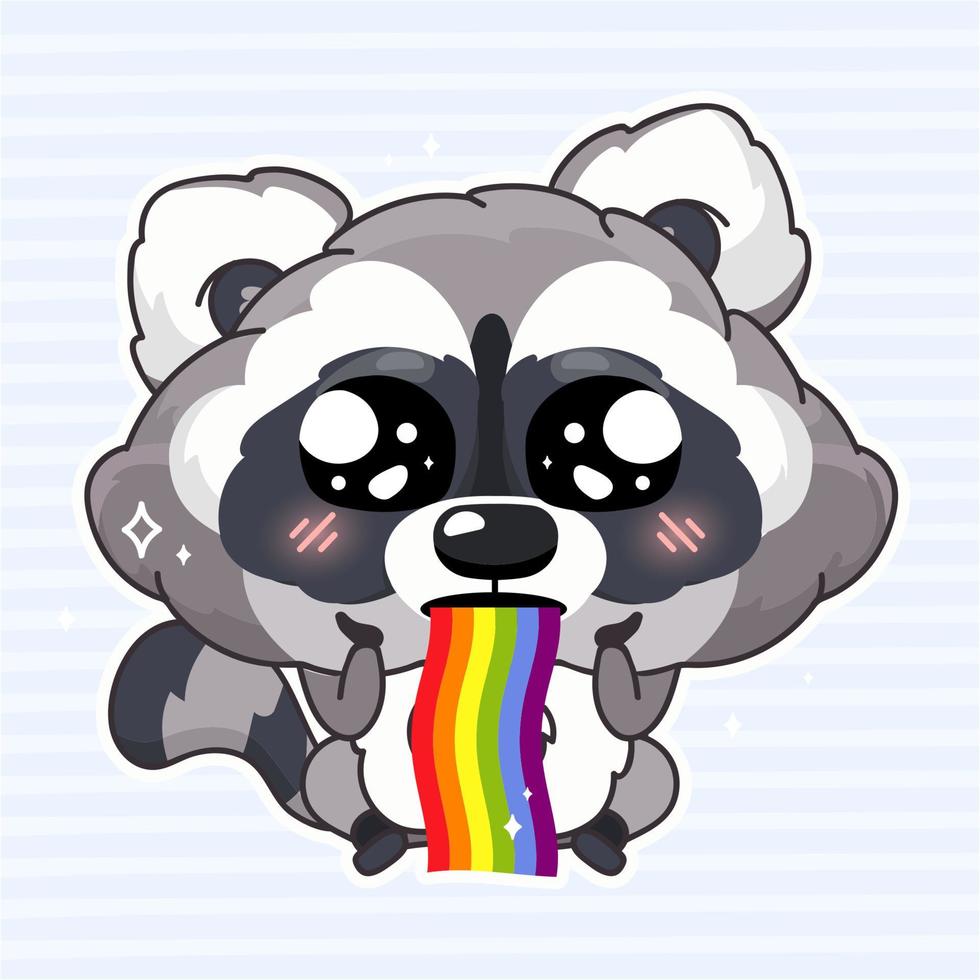 Cute raccoon kawaii cartoon vector character. Adorable and funny animal vomiting rainbow isolated girlish sticker, patch. Sweet dreams, happiness. Anime baby raccoon emoji on blue background