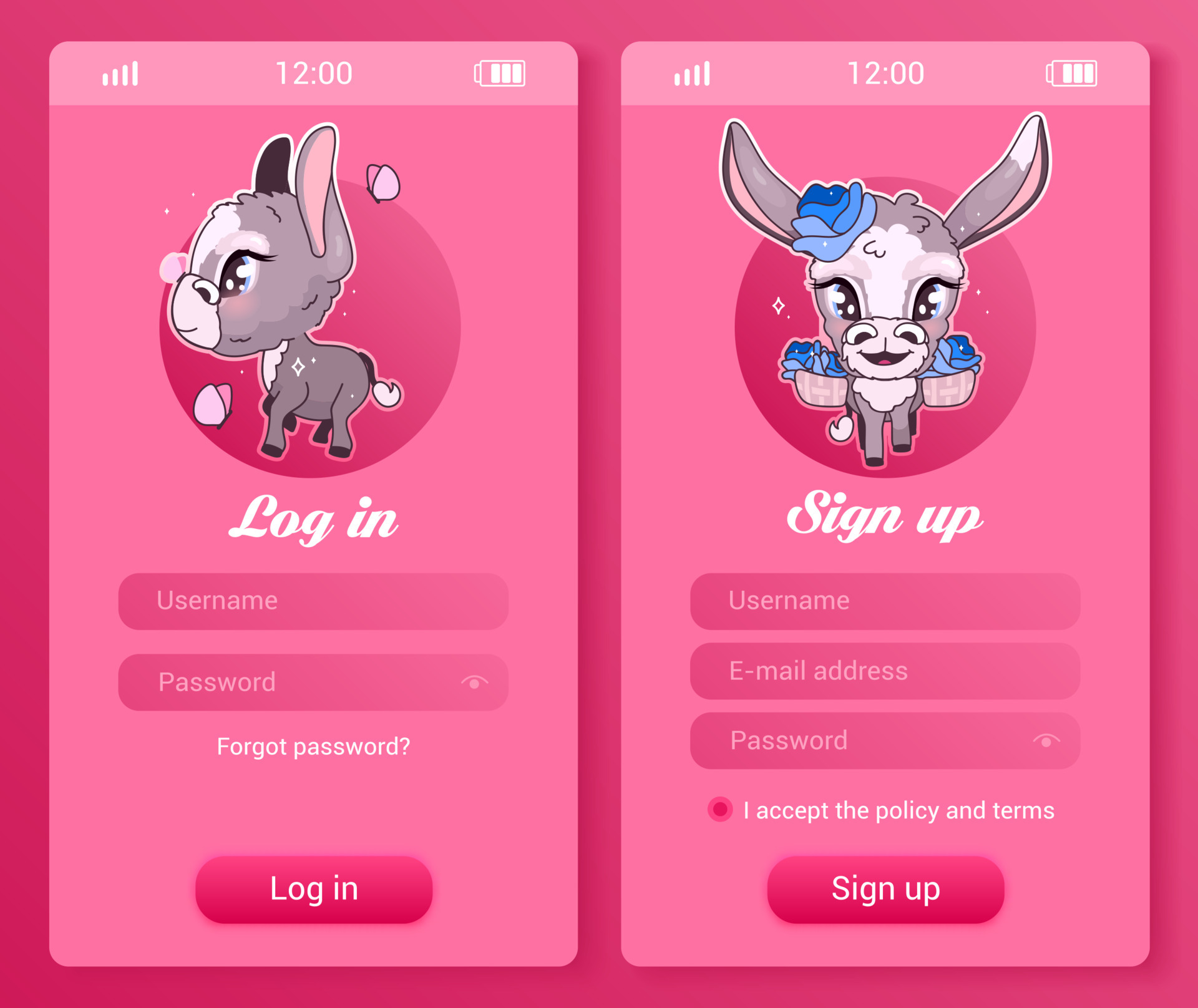 Donkey kids mobile app screen with cartoon kawaii characters avatars. Log  in, sign up smartphone girlish game, social media application. User profile  registration pink pages with anime animals 4449864 Vector Art at