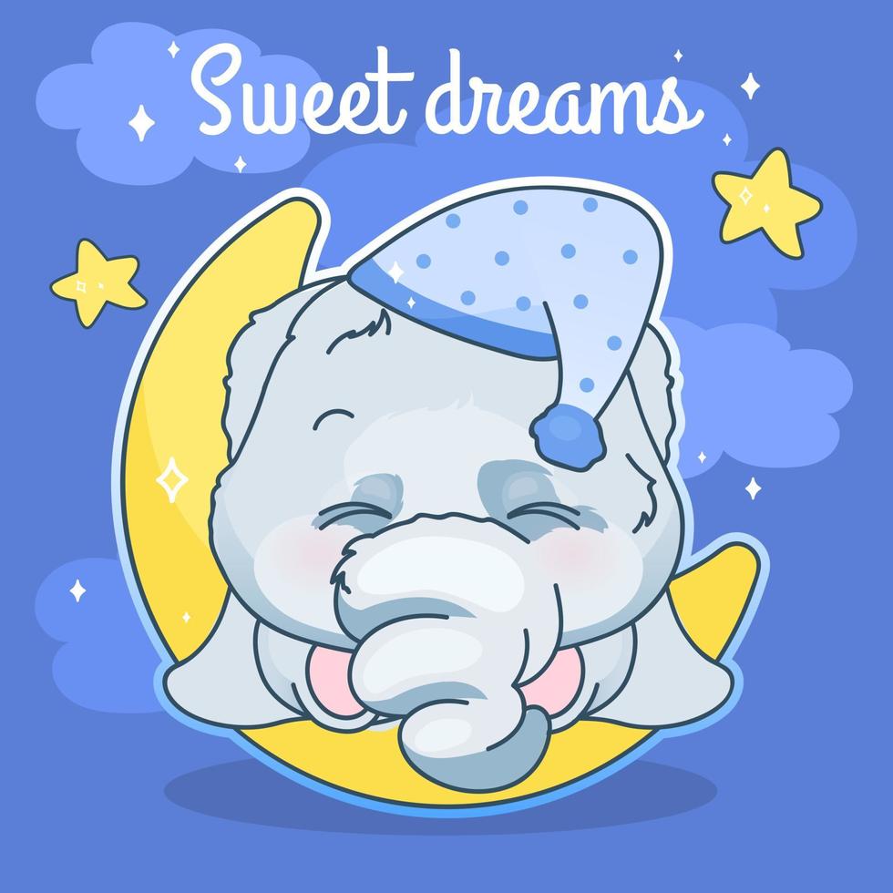 Cute elephant kawaii character social media post mockup. Sweet dreams lettering. Positive poster, card template with sleeping animal on moon. Social media content layout. Print, kids book illustration vector