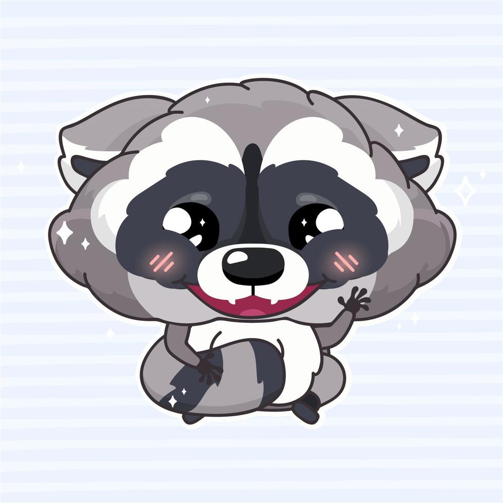Cute raccoon kawaii cartoon vector character. Adorable, happy and funny  animal smiling and waving hi isolated sticker, patch, kids book  illustration. Anime baby wild raccoon emoji on blue background 4449867  Vector Art