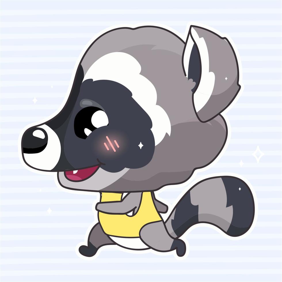 Lindo personaje de vector de dibujos animados de mapache kawaii. adorable y divertido animal corriendo, trotando pegatina aislada, parche. anime baby mapache disfruta de un estilo de vida saludable y activo emoji sobre fondo azul