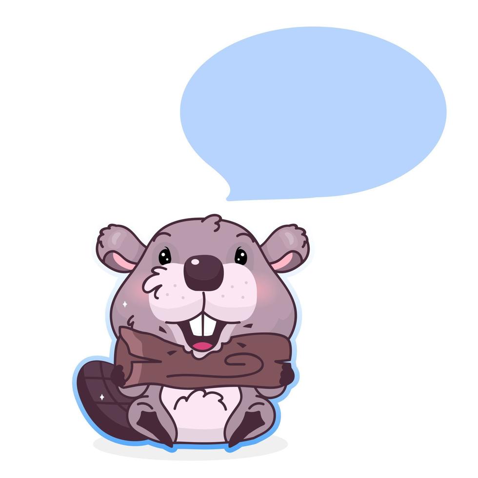 Cute beaver cartoon kawaii vector character. Forest animal with empty, blank speech bubble. Beaver biting wood log isolated sticker. Cartoon postcard clipart on white background