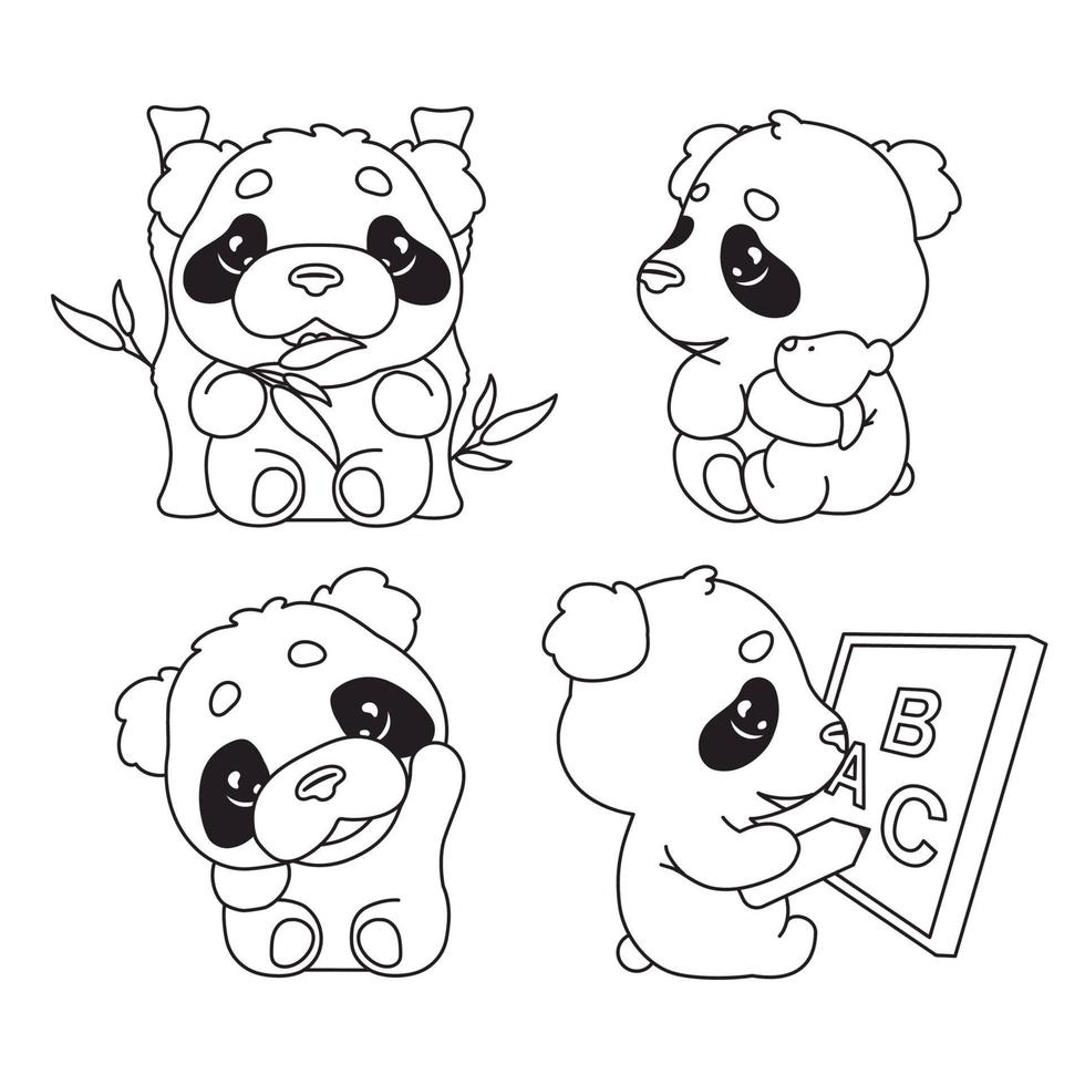 Cute panda kawaii linear characters pack. Adorable, happy and funny animal eating bamboo, waving hand isolated sticker, patches set. Anime baby panda bear doodle emojis thin line icons vector