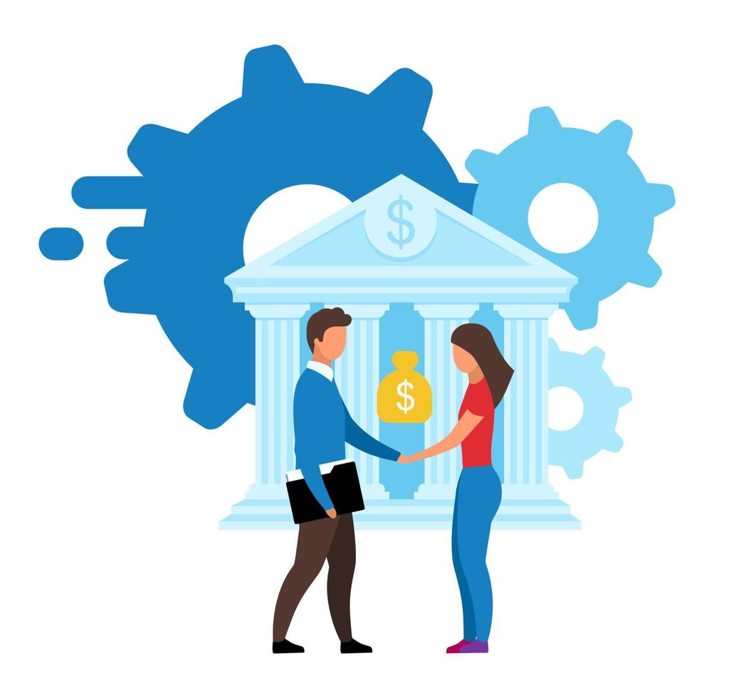 Banking offer flat vector illustration. Customer focused product, customized solutions cartoon concept. Banker, manager and bank client. Cash loan, investment, deposit deal isolated metaphor on white