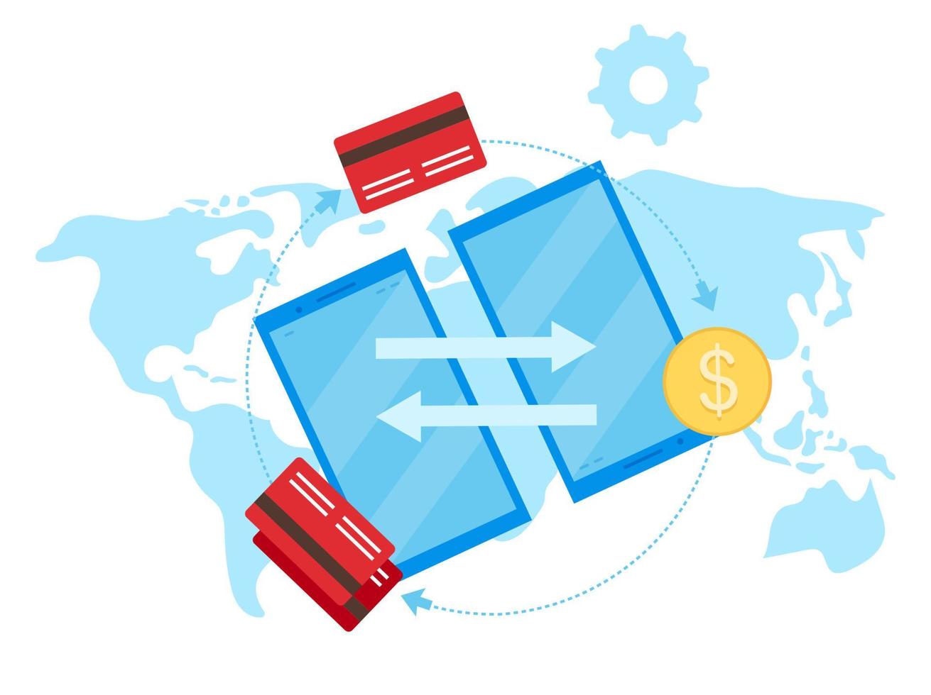 Ilustración de vector plano de sistema de pago global. concepto de dibujos animados de transacciones de tarjetas de crédito financieras internacionales. transferencia de dinero, servicio de remesas. Puerta de enlace de pagos de igual a igual metáfora aislada