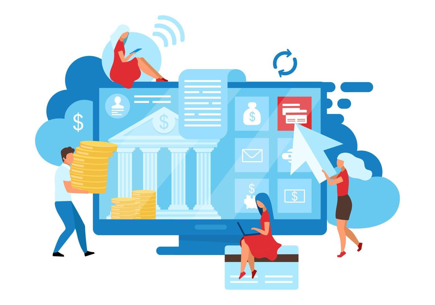 Online banking users flat vector illustration. Customized solutions metaphor. Credit cards transactions. Online deposits, cashless payments, ewallet. Internet bank account isolated cartoon concept