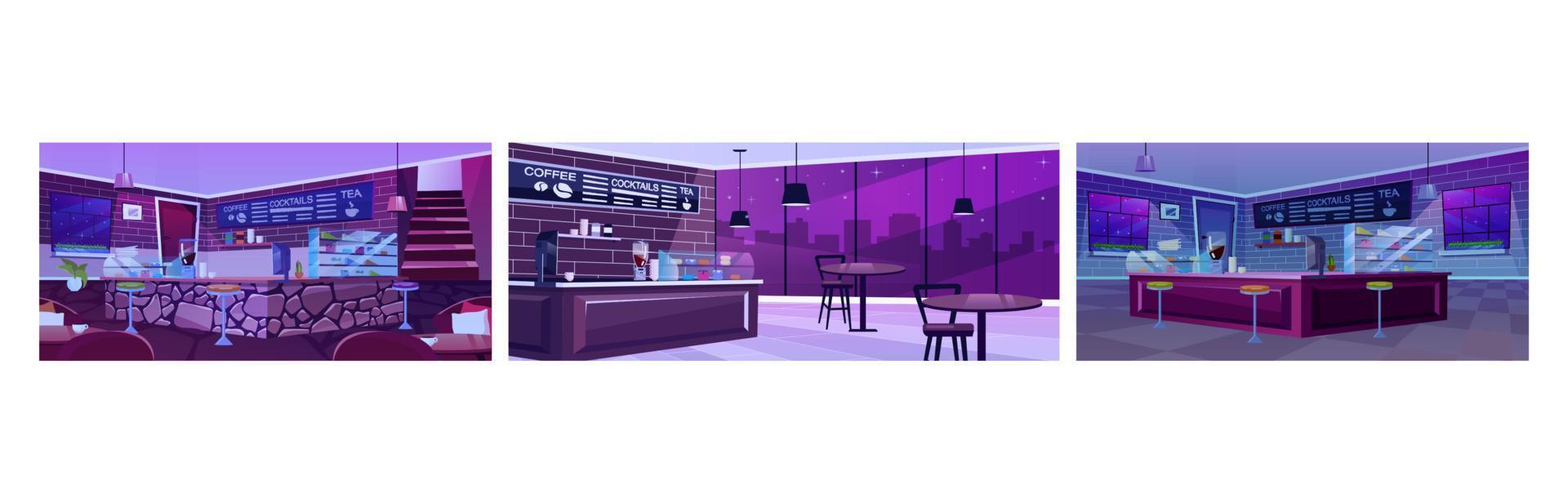 Cafe interior at night flat vector illustrations set. Modern coffee shop equipment. Cartoon chairs and tables in spacious hall with panoramic windows and cityscape. Stylish coffeehouse furniture