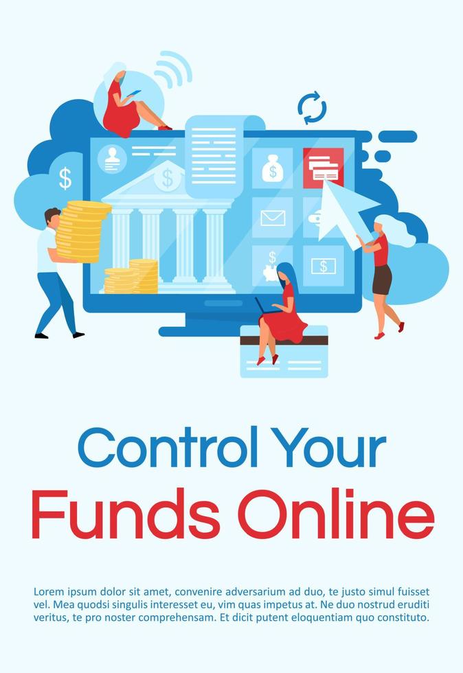 Online funds control poster vector template. Financial management. Brochure, cover, booklet page concept with flat illustrations. Credit cards transactions. Advertising flyer, leaflet, banner layout