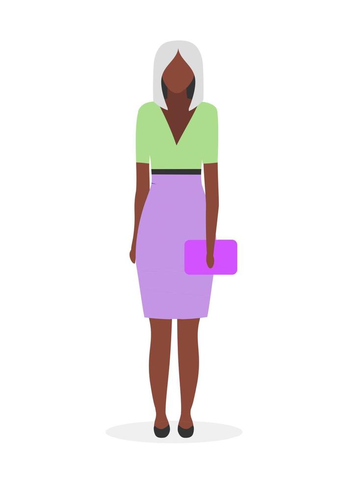 Afro american businesswoman flat vector illustration. Black young woman with blonde hair in formal clothing. Elegant dark skinned lady wearing skirt and bag cartoon character. Student, business woman