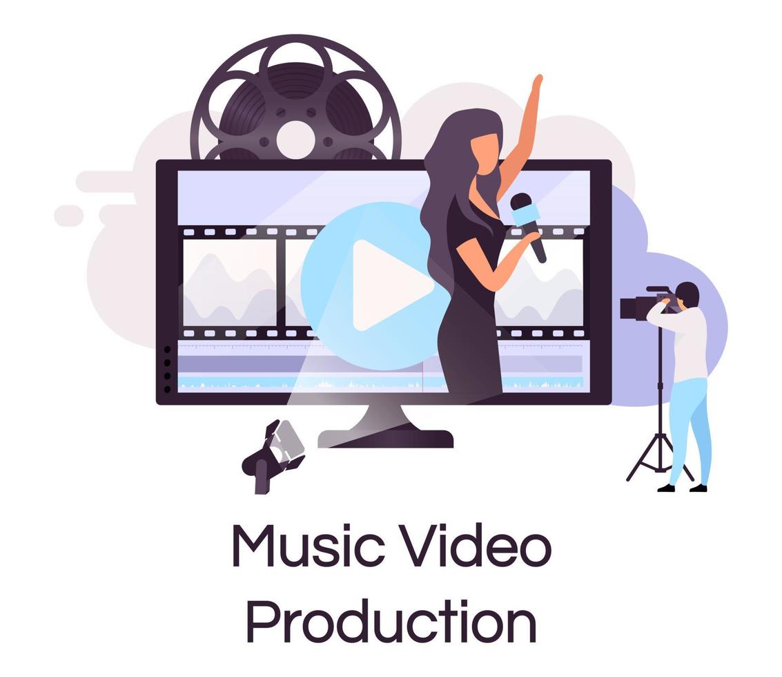 Music video production flat concept icon. Videography and multimedia sticker, clipart. Live concert, performance shooting and broadcasting. Isolated cartoon illustration on white background vector