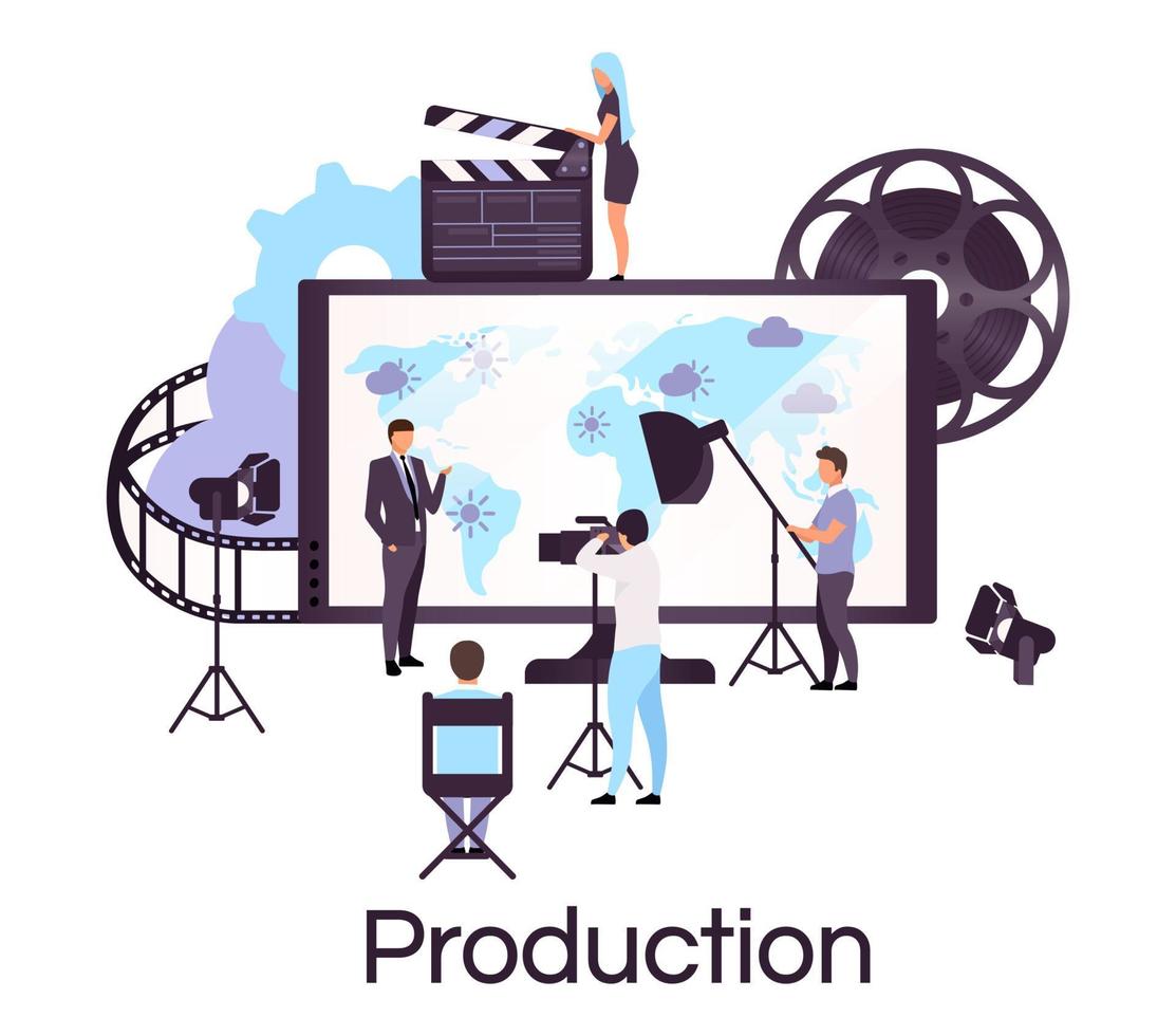 Weather and news broadcasting flat concept icon. Press and mass media sticker, clipart. Newscast, forecast studio crew. Video production, reportage. Isolated cartoon illustration on white background vector