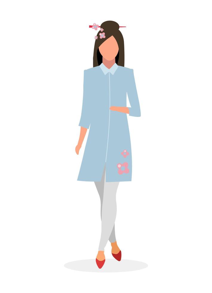 Ilustración de vector plano elegante chica japonesa. personaje de dibujos animados de mujer china de glamour aislado sobre fondo blanco. señorita en vestido estilo kimono. modelo de moda asiática con flores de sakura