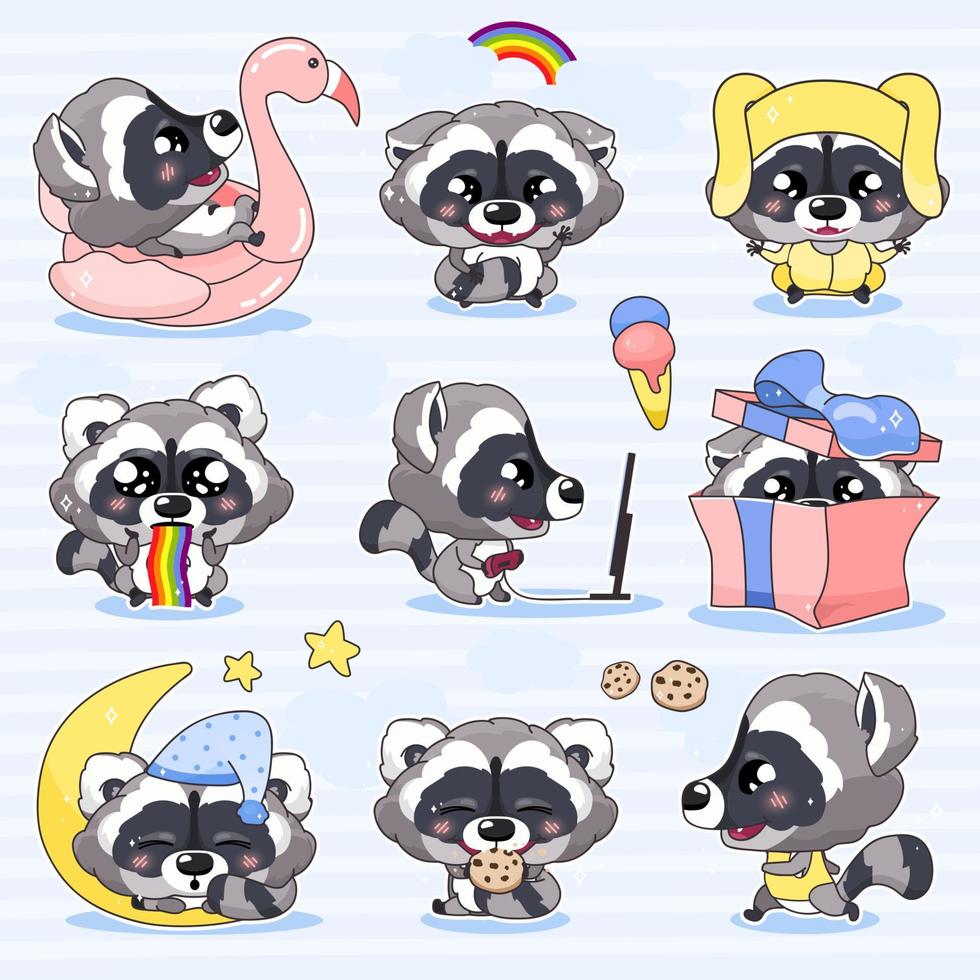 Cute raccoon kawaii cartoon vector characters set. Adorable and funny smiling animal isolated stickers, patches pack. Anime baby raccoon sleeping, eating cookies, running emojis on blue background