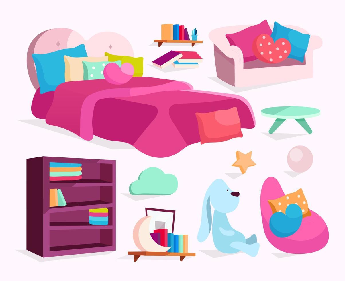 conjunto de ilustraciones vectoriales planas de muebles de dormitorio. cama de niña, sofá, sillón con pegatinas de almohadas, paquete de imágenes prediseñadas. estantería, estantería, planta, lámpara ilustraciones de dibujos animados aislados sobre fondo blanco vector