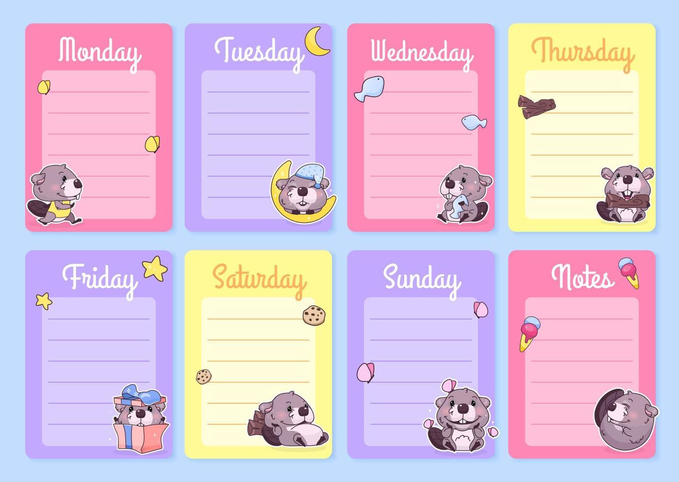 Cute baby beaver weekly planner vector template with kawaii cartoon