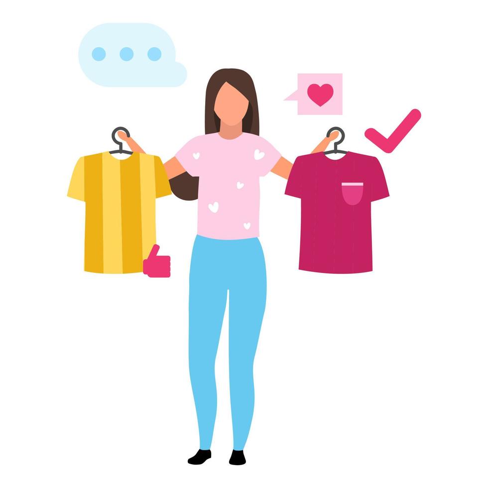 chica comprando camiseta ilustración vectorial plana. mujer que toma la decisión, consumidor en el centro comercial comprando ropa personaje de dibujos animados. cliente en tienda de ropa haciendo compras. consumismo y mercaderia vector