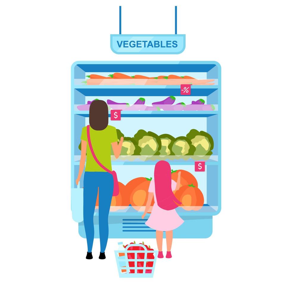 Woman choosing vegetables in greengrocery flat vector illustration. Mother and daughter selecting tomato in grocery store cartoon character. Shopping in supermarket. Customers in mall doing purchases