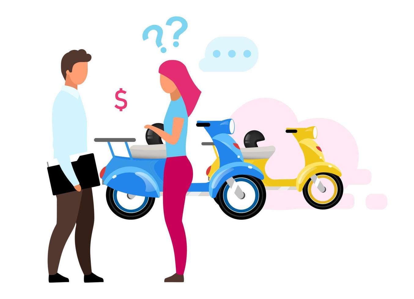 Girl renting scooter flat vector illustration. Woman making decision, sales agent helping customer choose motorbike cartoon characters. Indecisive teenager purchasing motorcycle. Vehicle leasing