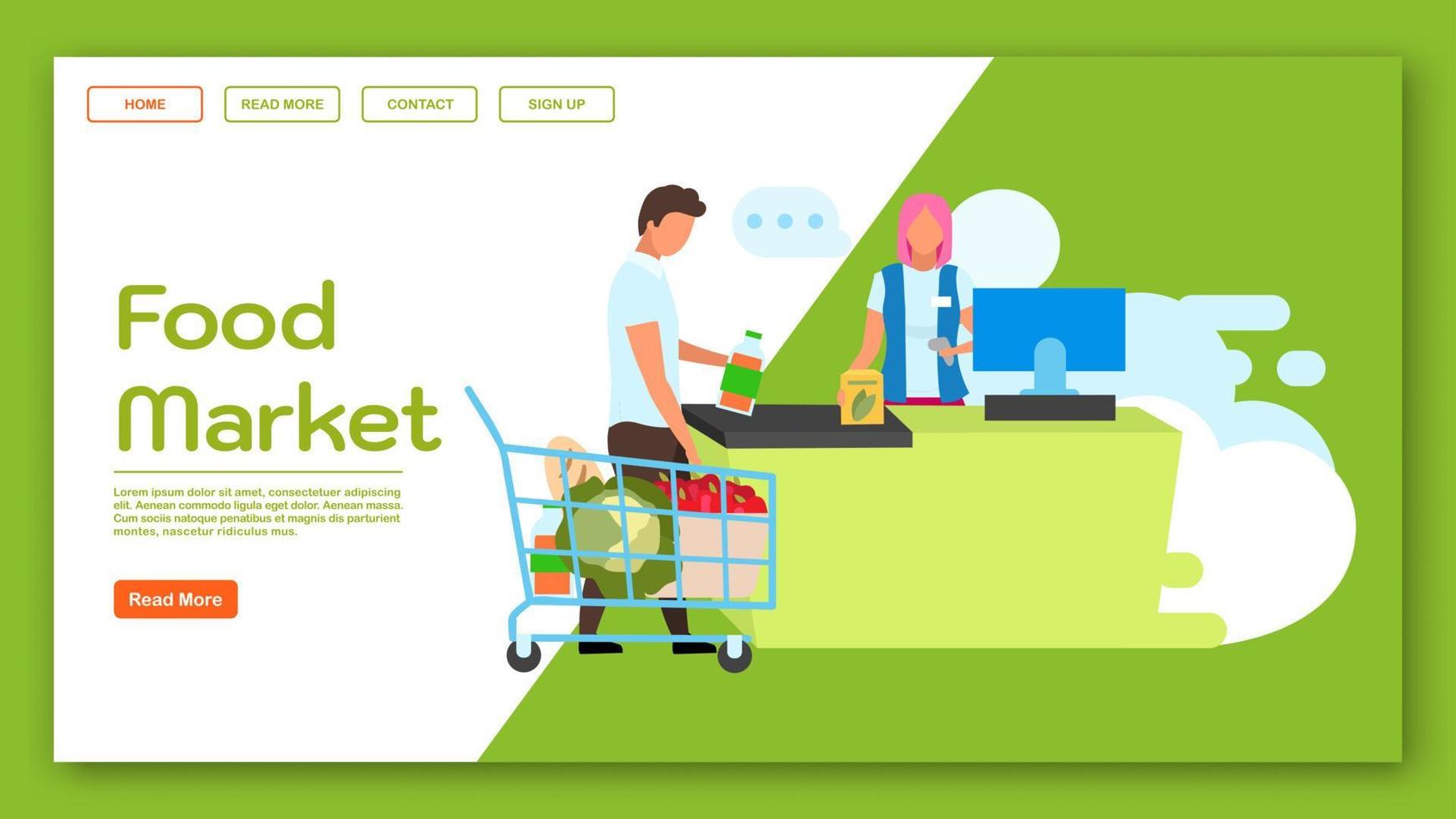 plantilla de vector de página de destino del mercado de alimentos. idea de interfaz de sitio web de supermercado con ilustraciones planas. abarrotes, diseño de la página de inicio de la tienda de conveniencia. banner web de compras, concepto de dibujos animados de página web