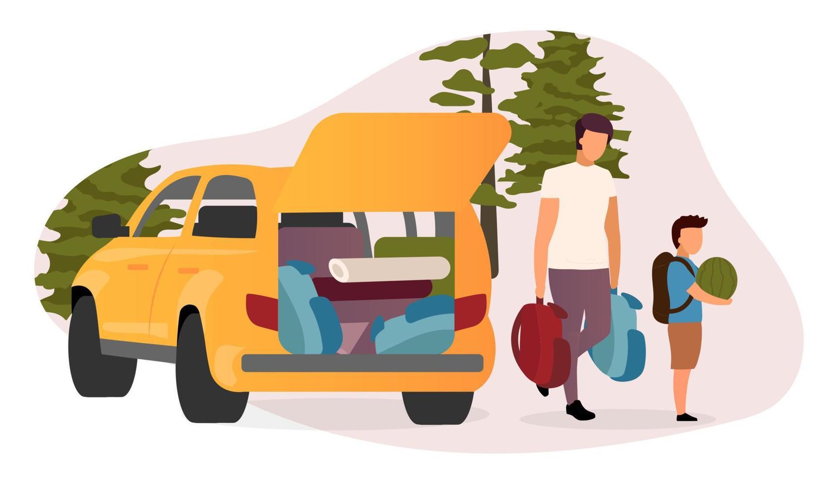 Ilustración de vector plano de viaje por carretera familiar. dibujos animados de padre e hijo con mochilas, sandía. coche cargado con equipo de camping. vacaciones de verano, vacaciones de mochilero en el campo, bosque