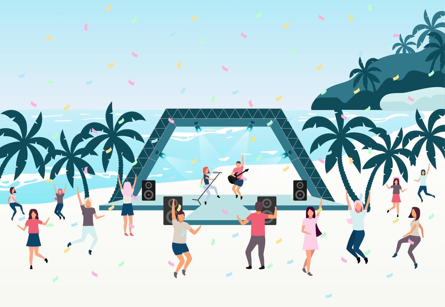 Beach party flat vector illustration. Open air live performance. Rock, pop musician concert in park, camp. Concert on shore of tropical island. Dancing holidaymakers, tourists cartoon characters