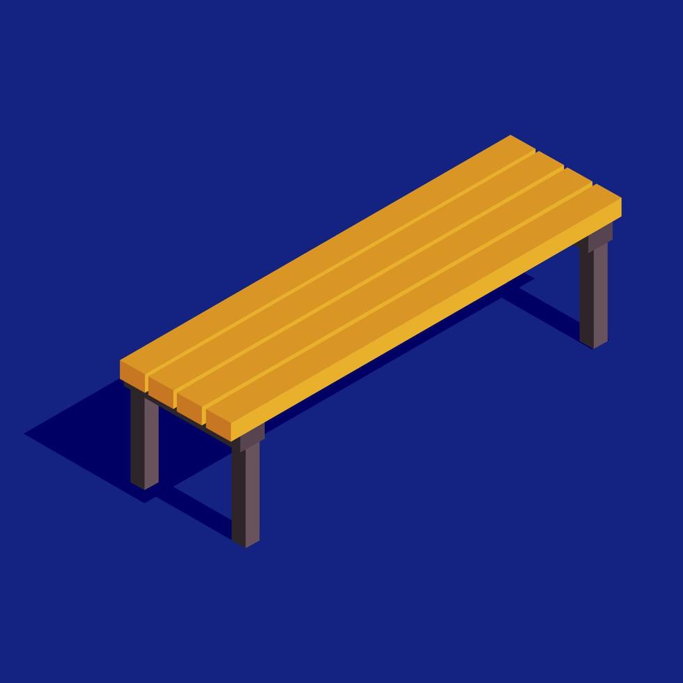 Ilustración de vector de color isométrico de banco. infografía de asiento de madera. mueble. equipo de relajación. Banco del parque urbano concepto 3d aislado sobre fondo azul.