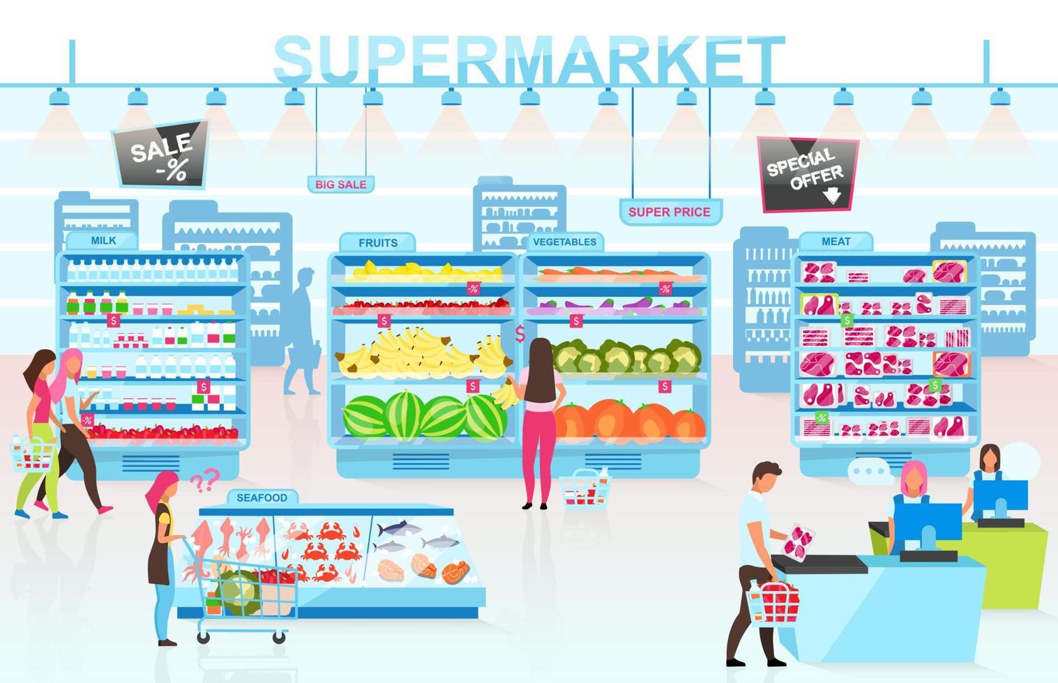 Ilustración de vector plano interior de supermercado. personas comprando productos en personajes de dibujos animados de la tienda de comestibles. clientes que eligen productos en diferentes departamentos. cliente pagando comida en caja