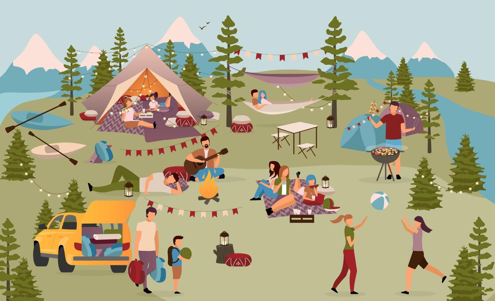 turistas en la ilustración de vector plano de campamento de verano. amigos, estudiantes de vacaciones en la montaña. familias con niños, parejas que disfrutan de un descanso activo, kayak, actividades de verano al aire libre