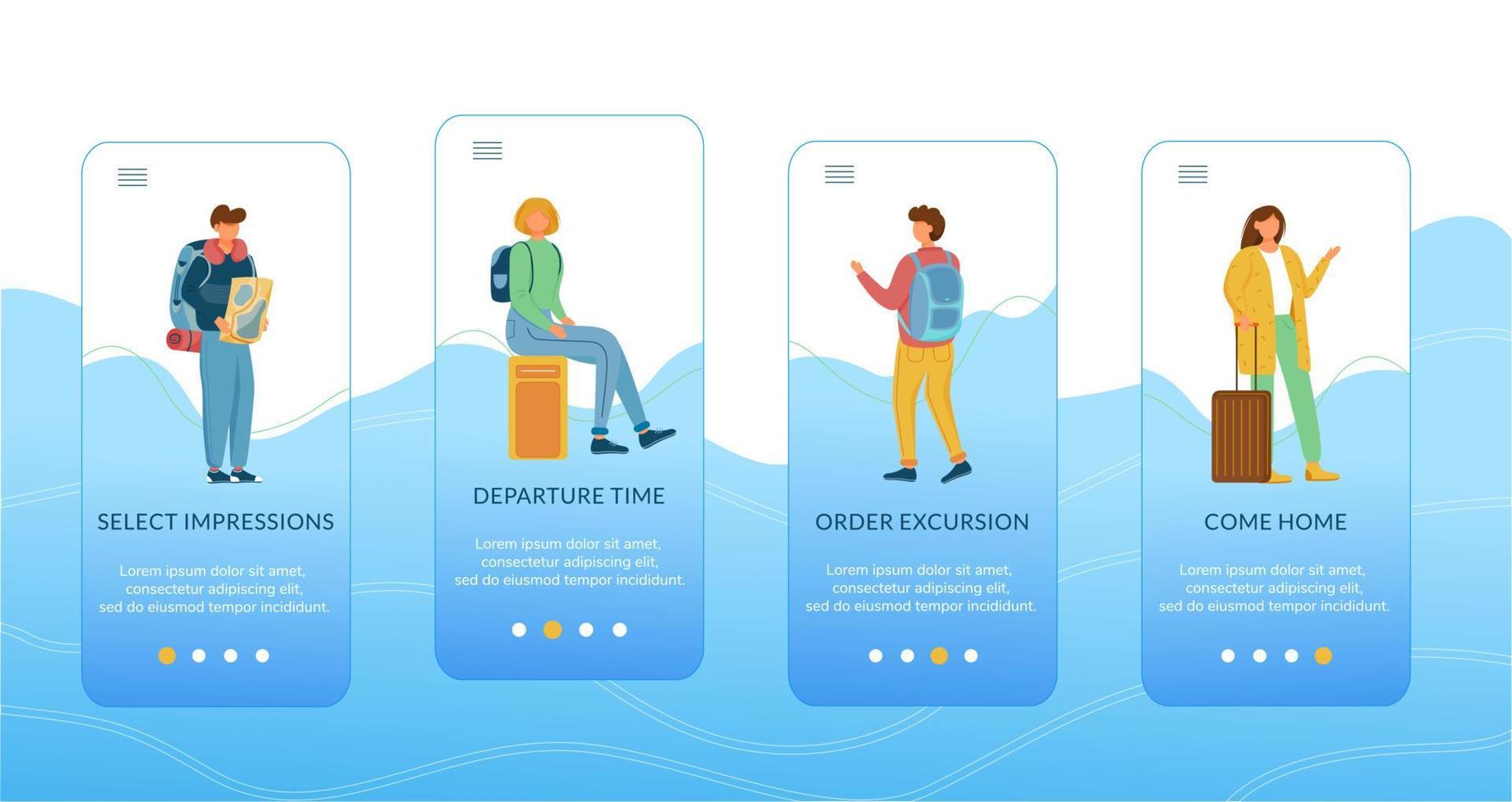 Travel planning onboarding mobile app screen vector template. Holiday trip. Vacation tour. Walkthrough website steps with flat characters. UX, UI, GUI smartphone cartoon interface concept