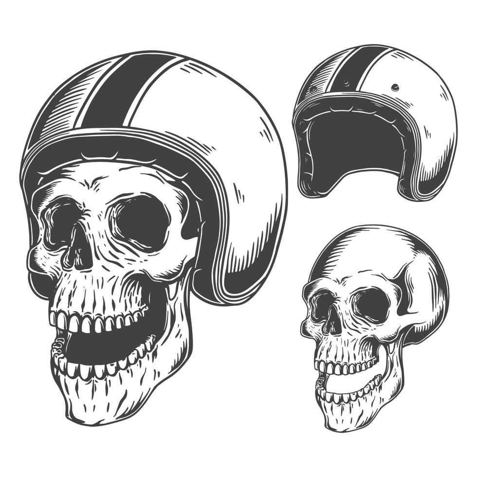 conjunto de casco de calavera vintage, estilo handrawn vector