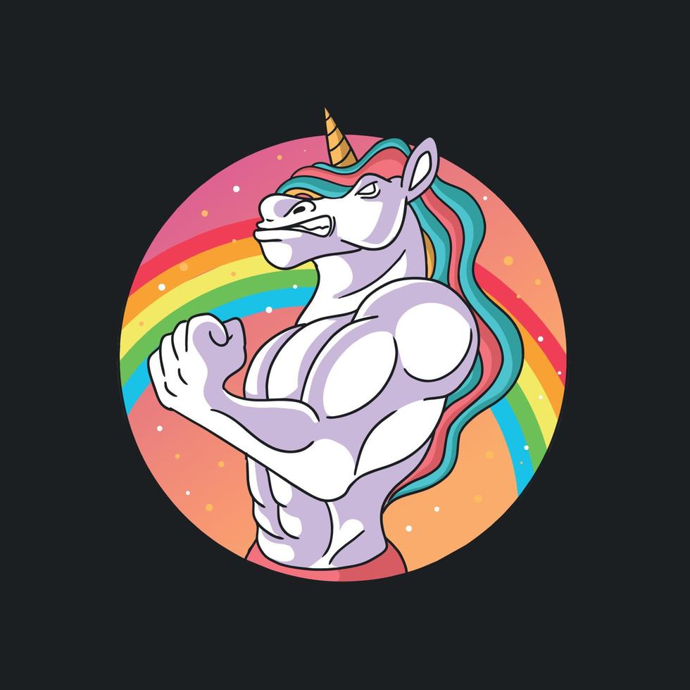 strong unicorn with rainbow hair show the muscle vector