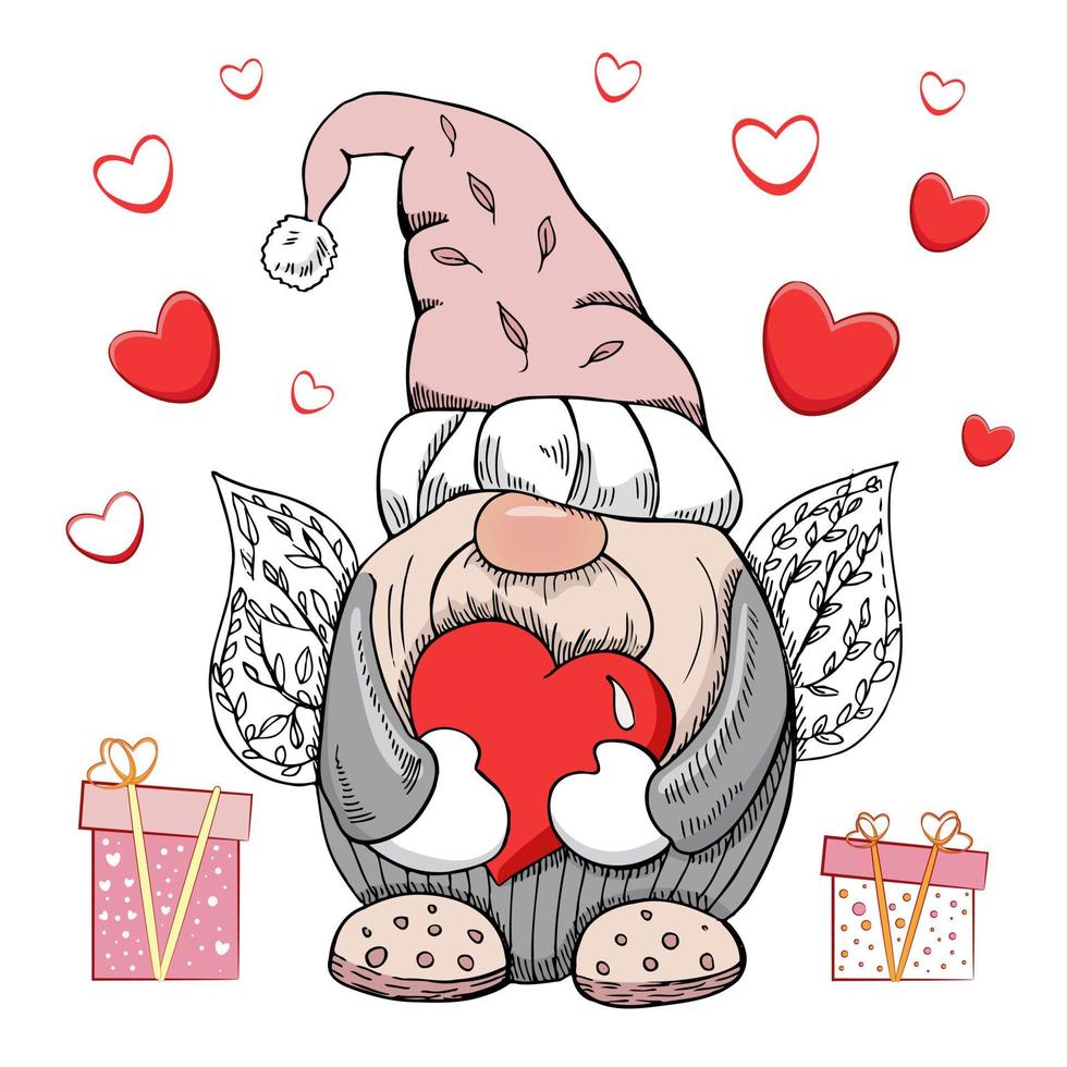 A hand-drawn gnome for valentine's day. The Scandinavian gnome isolated on the white background. Vintage vector illustration.