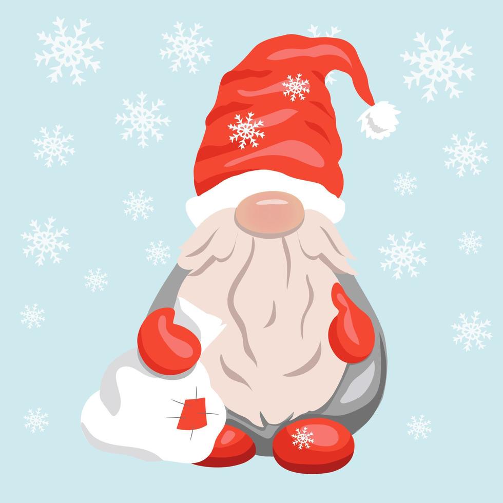 Vector gnome for New Year or Christmas with snowflakes on a blue background. The Scandinavian gnome. Vector illustration.