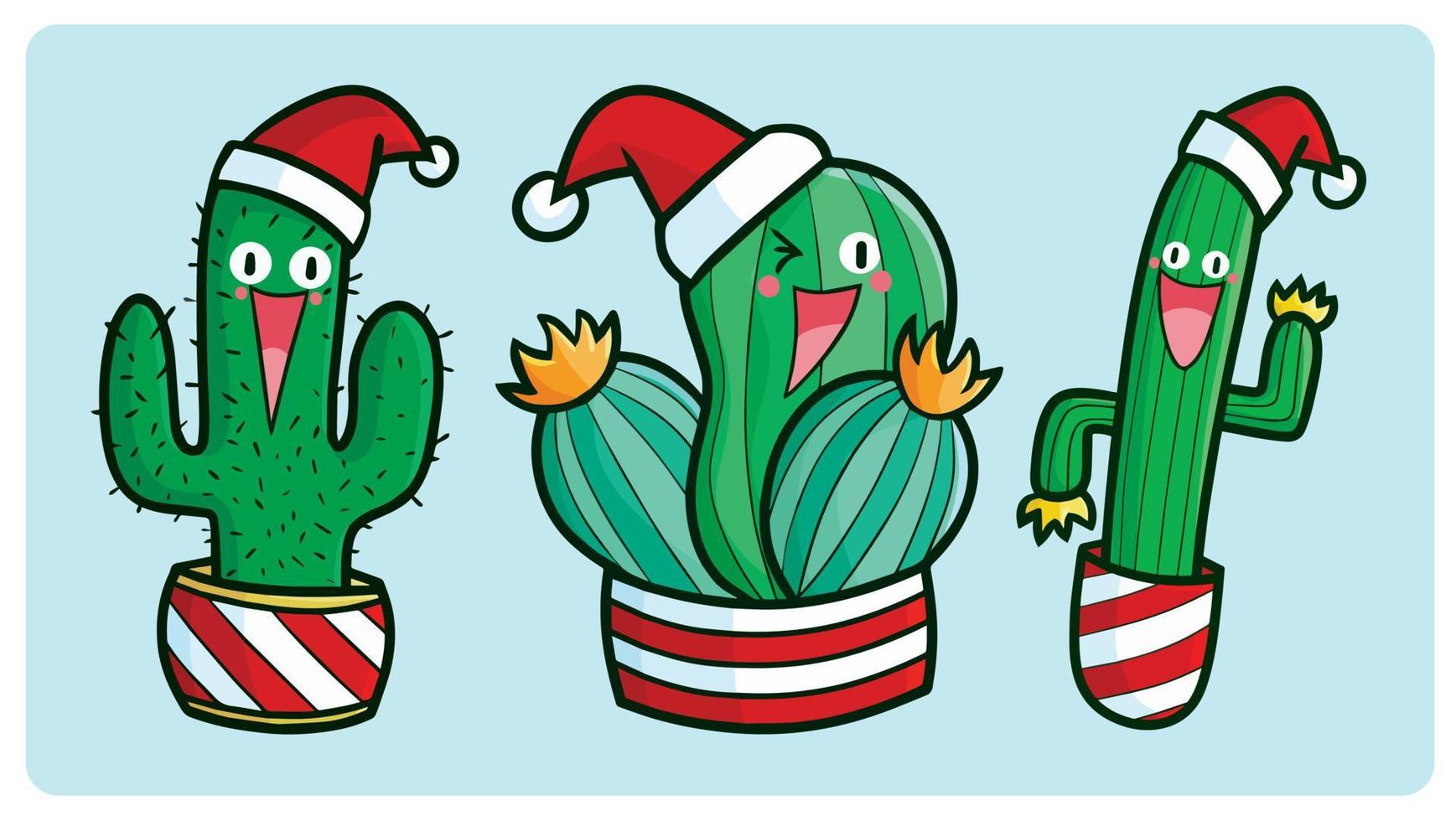 Cute christmas cactus cartoon characters set vector