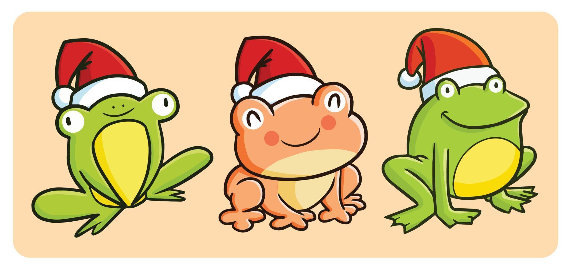 Funny frog set wearing santa's hat for christmas vector