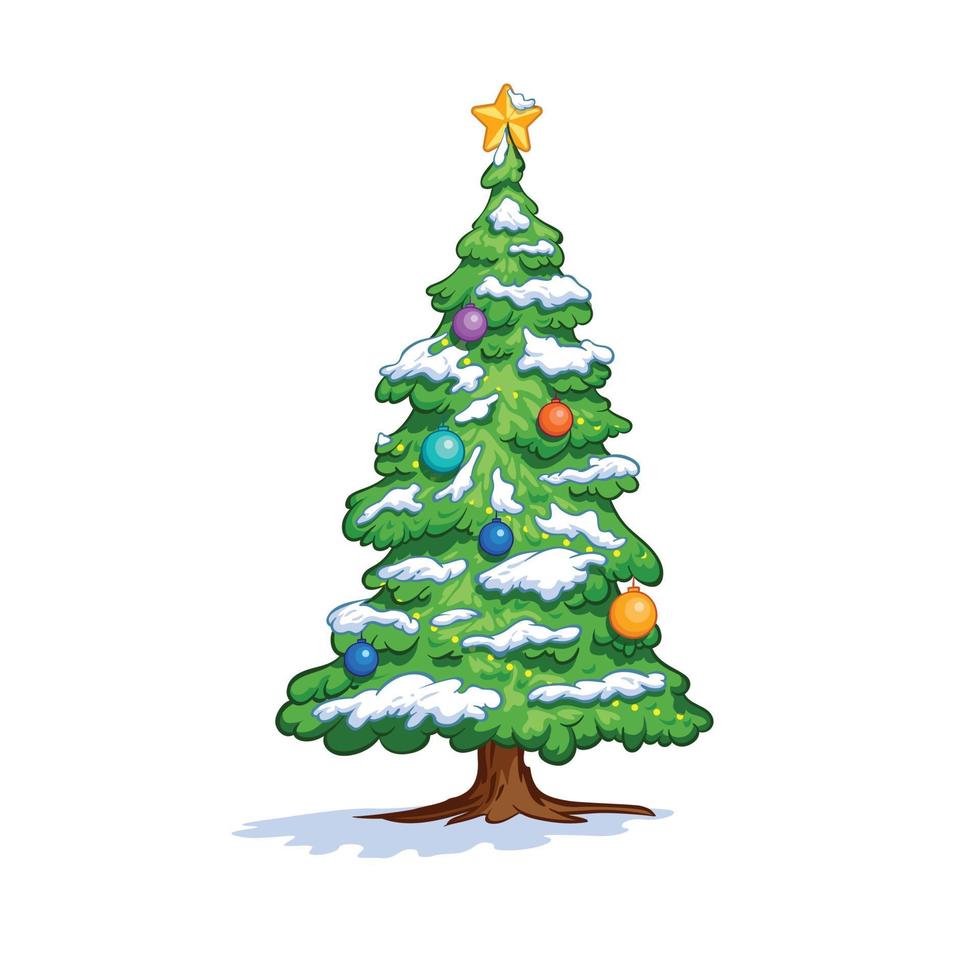 Cartoon illustration of Christmas Tree with snow, lamp and star. vector