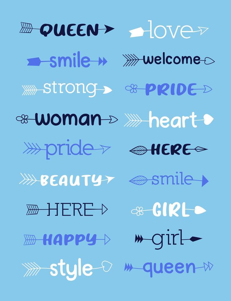 Hand drawn colorful girls words in arrows. Different styles and colors. vector