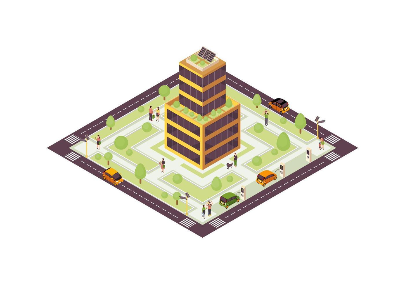 Eco city isometric color vector illustration. Smart building with solar grid, plants infographic. Green, sustainable, eco friendly house 3d concept. Renewable energy usage. Isolated design element