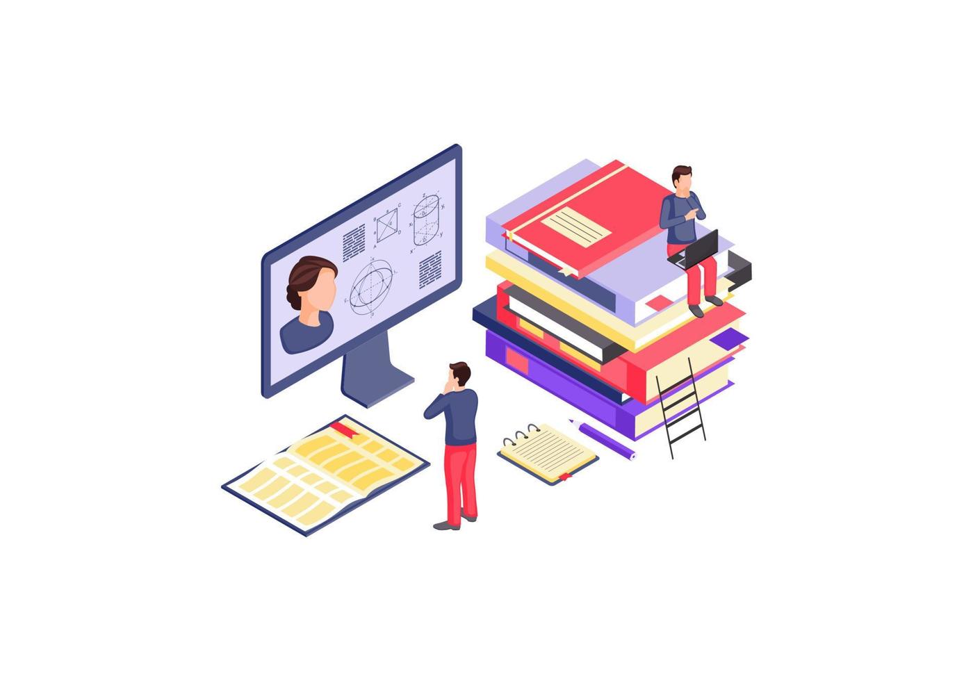 Online education isometric color vector illustration. E class, e learning, e course infographic. Exam, test preparation. Electronic library, video tutorial 3d concept. Isolated design element