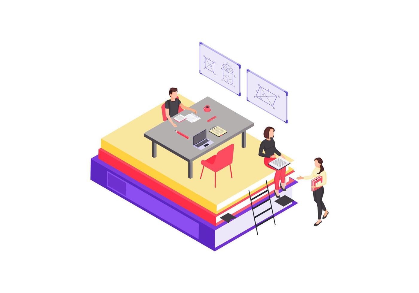 Online education isometric color vector illustration. E class, e learning, e course infographic. Exam, test preparation. Electronic education, internet studying 3d concept. Isolated design element