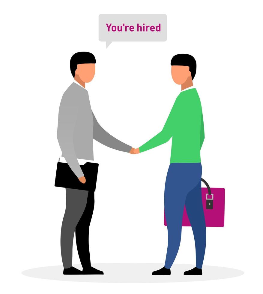 Hiring new worker flat vector illustration. Boss, chief shaking hand with successful applicant cartoon characters. Informing jobseeker about positive employment decision. HR expert greeting newbie