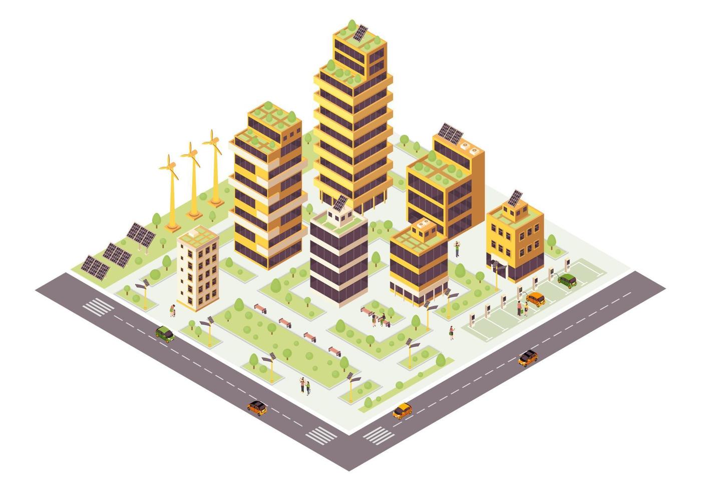 Ilustración de vector de color isométrico de ciudad ecológica. infografía de ciudad inteligente. producción de recursos renovables. concepto 3d de edificios verdes. medio ambiente ecológico y sostenible. elemento de diseño aislado