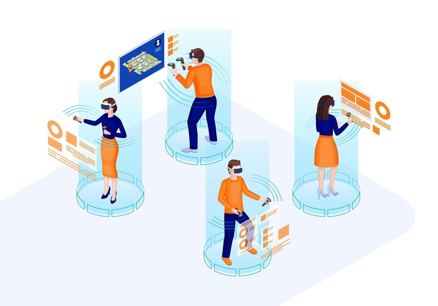 Virtual reality isometric vector illustration. VR, AR players. Futuristic digital technology. Virtual interface and navigation. Augmented reality 3d concept. VR headsets, controllers. Web banner idea