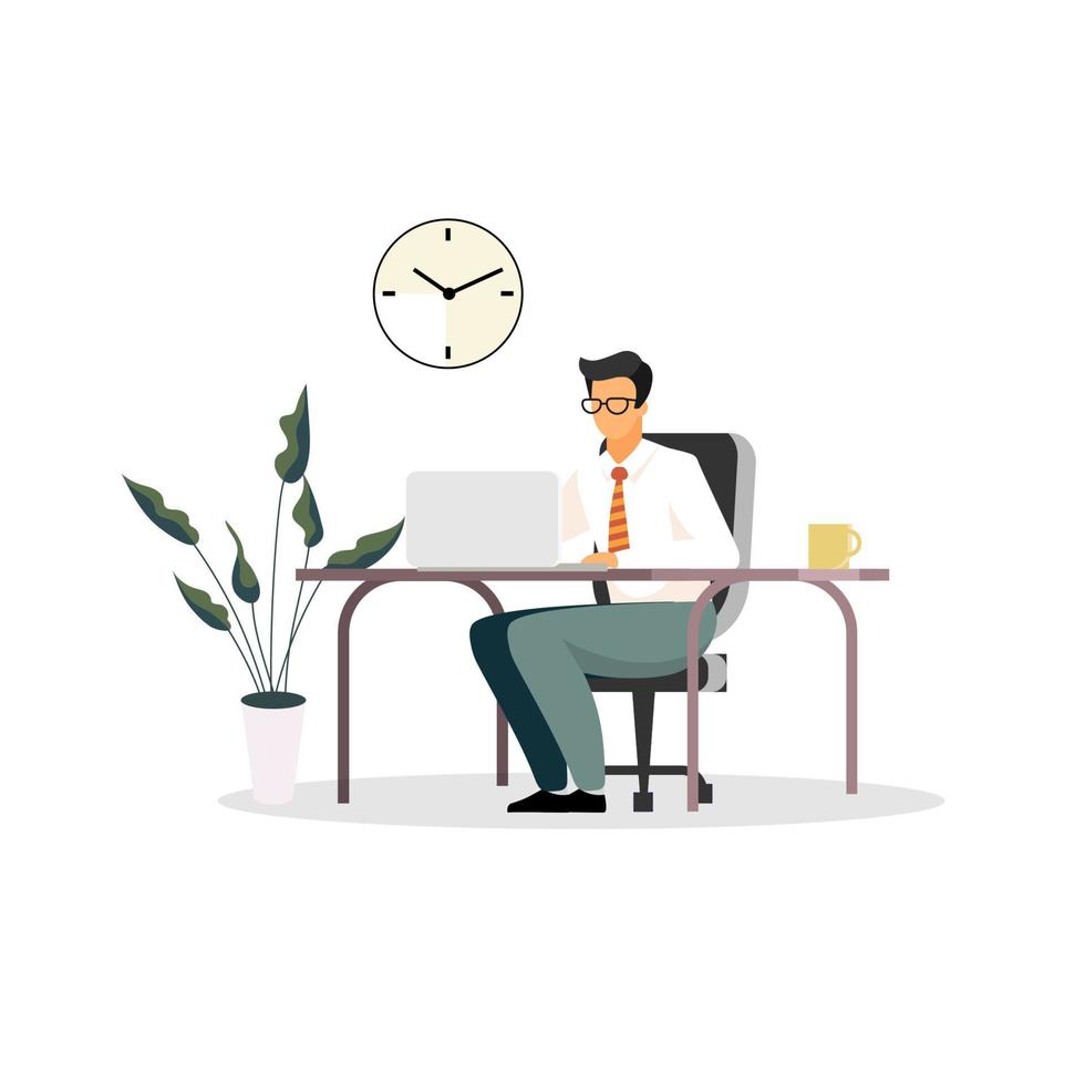 Businessman, entrepreneur, ceo, banker, financer, consultant working in office flat vector illustration. Manager, office worker, boss at workplace isolated cartoon character on white background