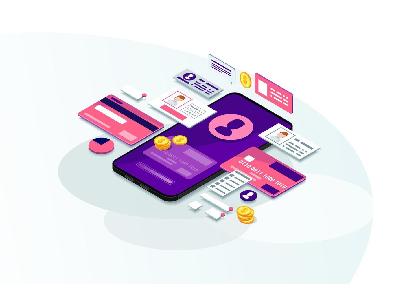 Mobile banking isometric color vector illustration. E-payment. Online bank transactions. Payment system user account. Electronic bills infographic. Financial management. Webpage, mobile app 3d concept