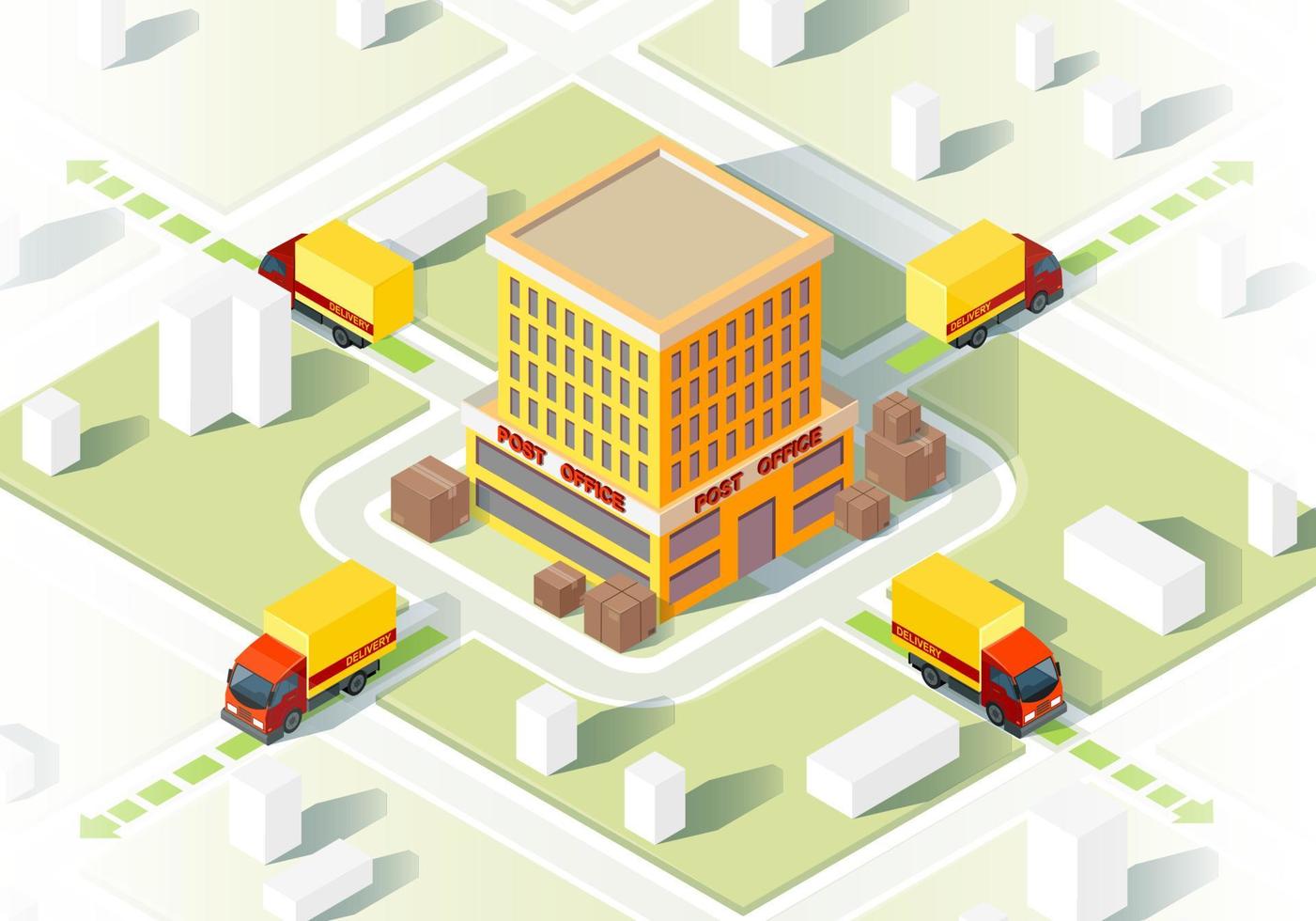 Delivery service isometric vector illustration. Parcel transportation map. Cargo and freight shipment. Logistic and distribution. Delivery van routes. Post office 3d concept. Website, app design