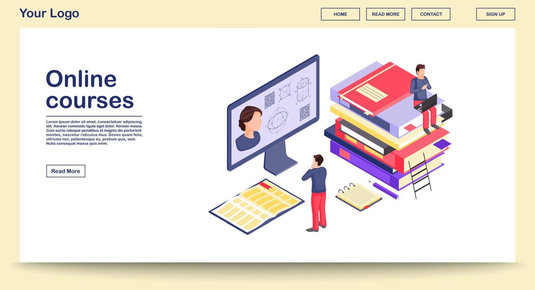 Online courses webpage vector template with isometric illustration. Webinar, video tutorial, digital teacher. Math, geometry learning. Online graduate school. Website interface layout. Site 3d concept